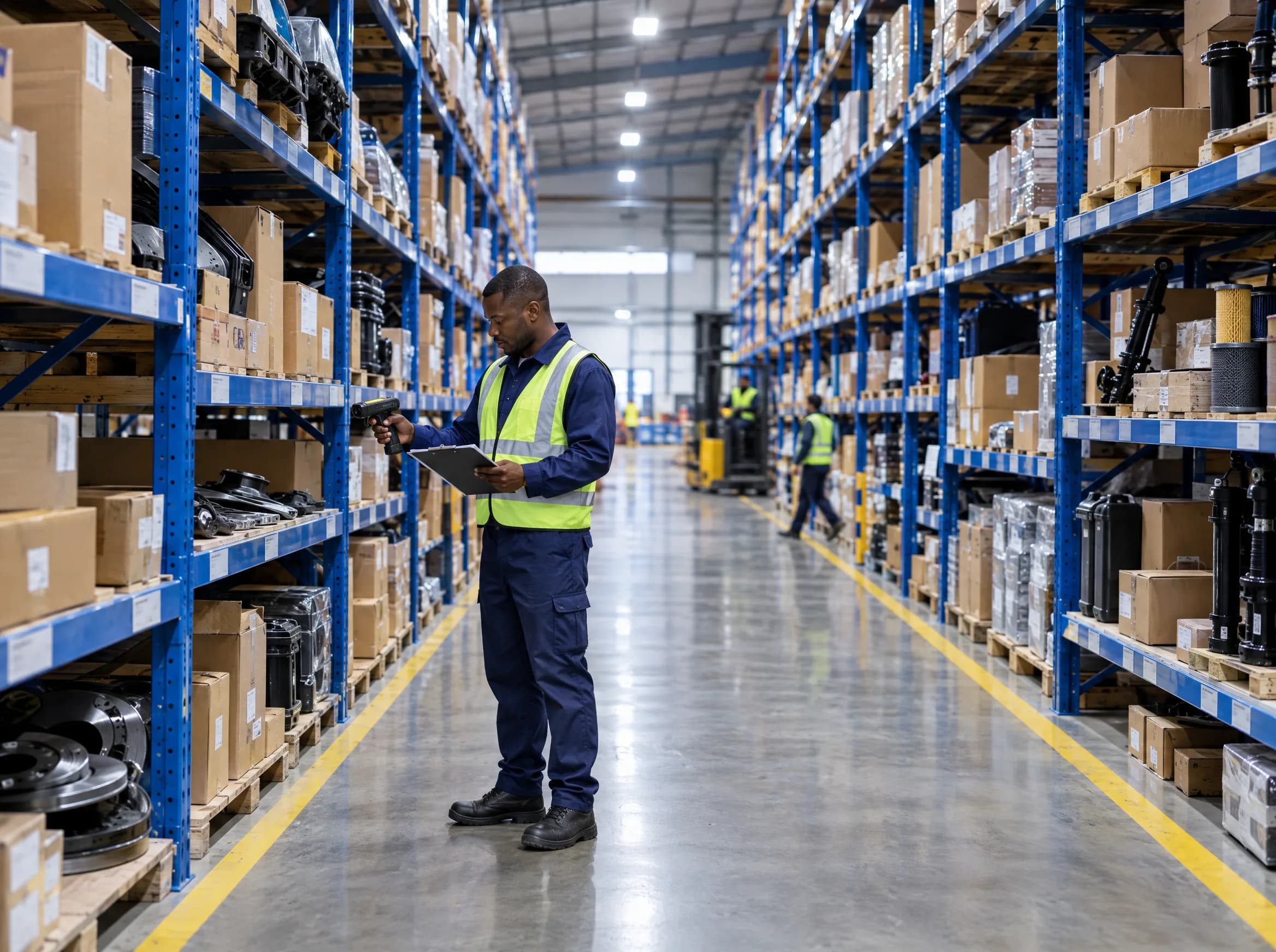 A warehouse worker in a hi-vis vest scans a shelf of boxed automotive parts against tall blue pallet racking in a distribution warehouse.