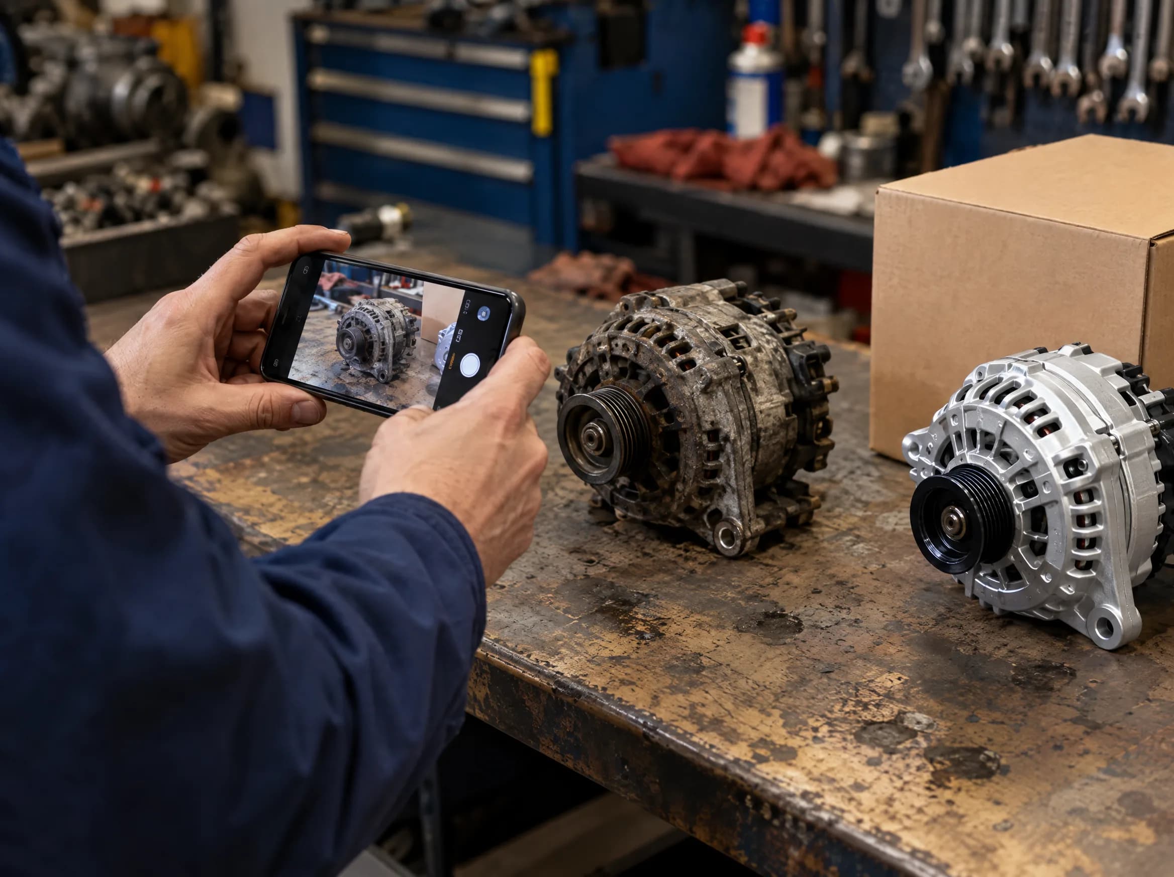 A mechanic's hands photograph a worn used alternator on a workbench next to its boxed new replacement, checking the part matches before ordering.