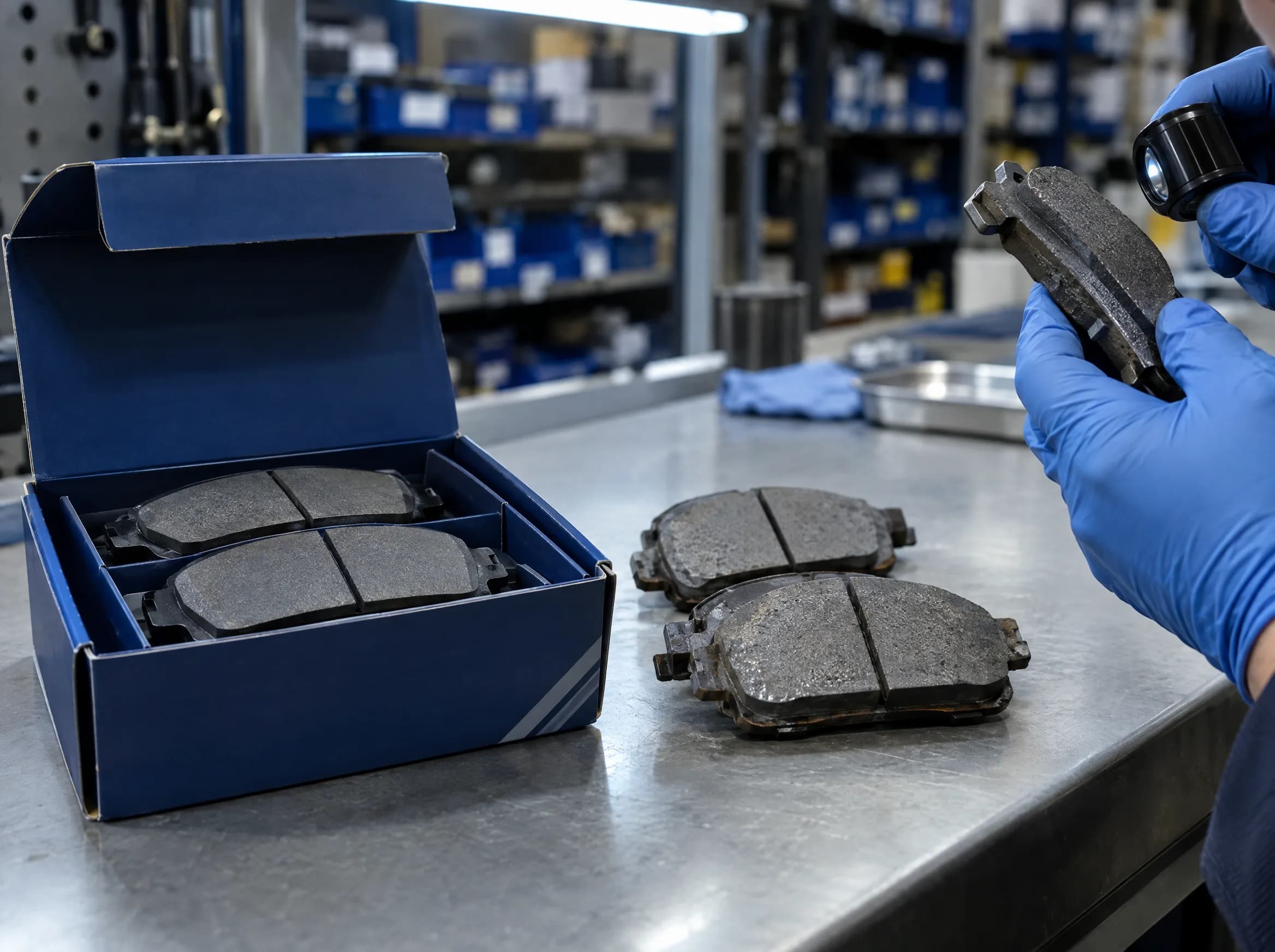 Two sets of brake pads on a workshop counter, one new in branded packaging and one worn, being compared by a hand in a blue nitrile glove.