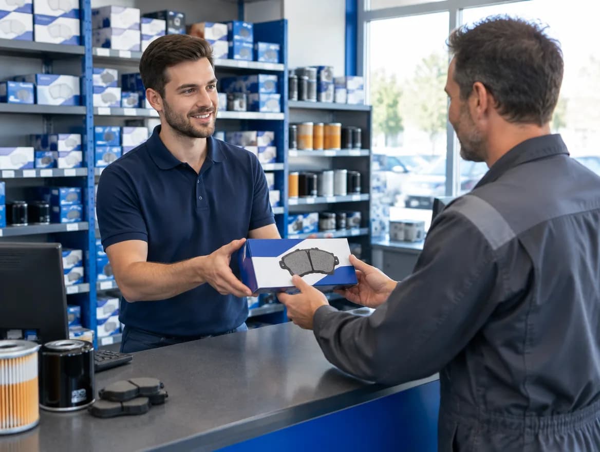 A staff member in a navy polo hands a mechanic a boxed set of brake pads across a trade counter, with shelves of boxed parts and filters behind.