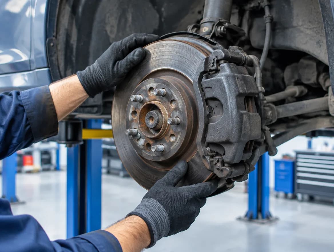 Gloved hands hold a worn brake disc against the calliper and wheel hub on a car raised on a workshop lift.