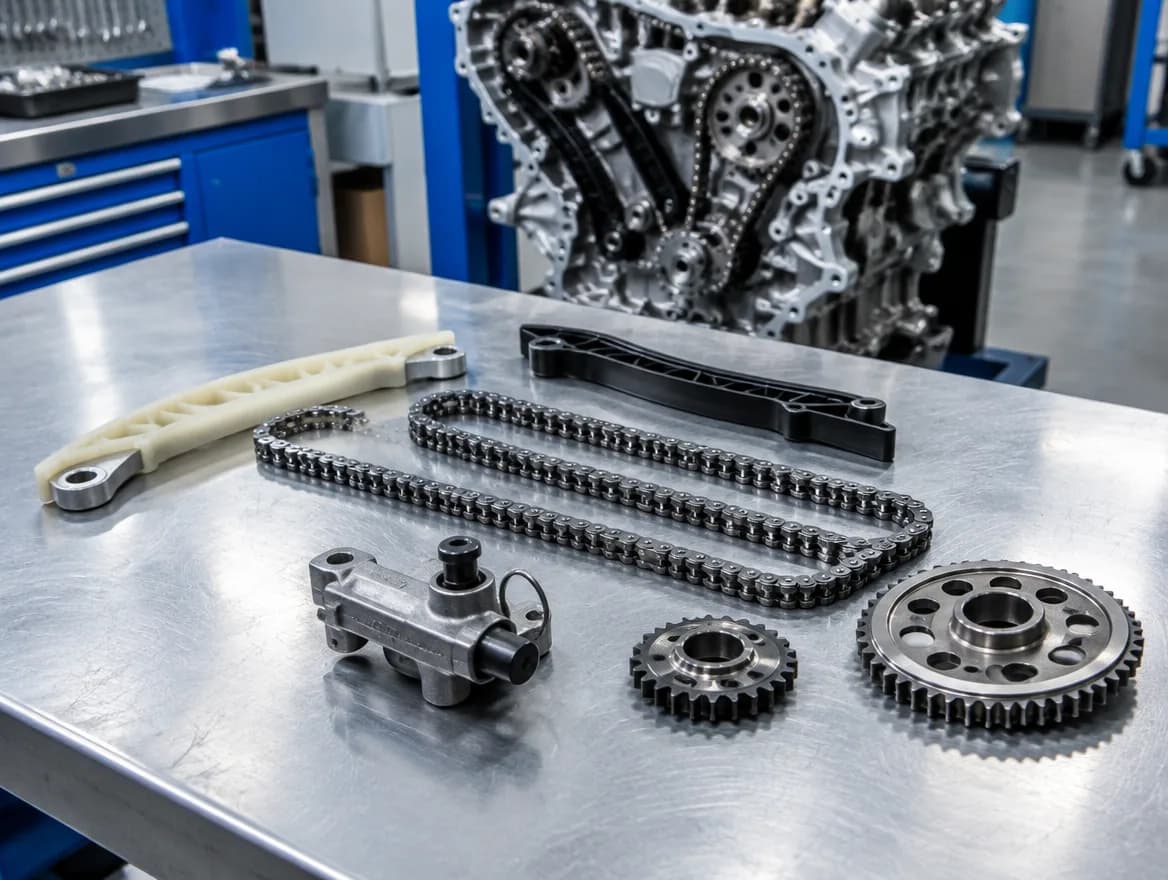 A timing chain, tensioner, guides and sprockets laid out on a steel workbench in front of an engine with its timing cover removed.