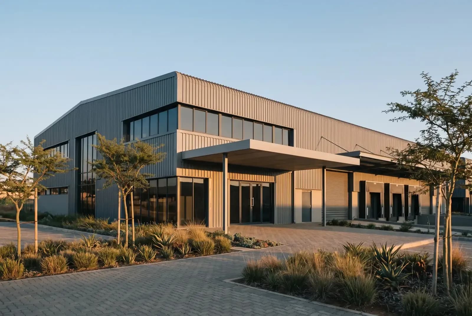 The Parts-Mall head office and distribution building in the R24 Business Park, Meadowdale, in late afternoon light.
