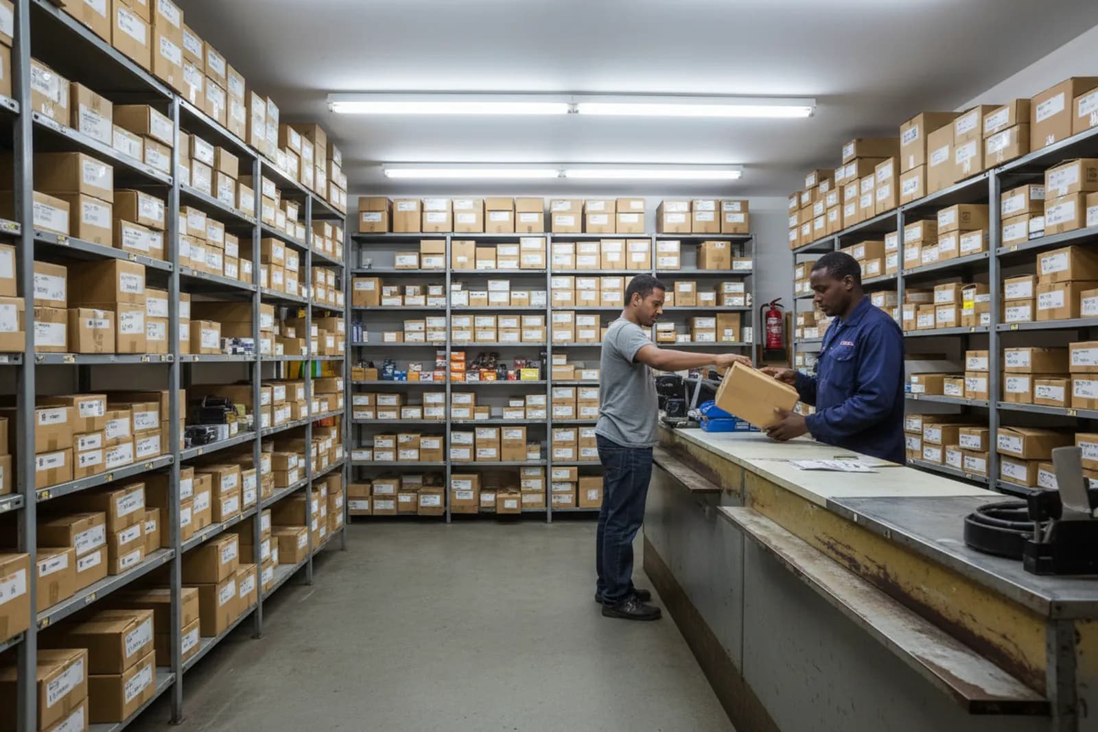 Inside a Parts-Mall branch, shelving stocked with boxed parts.