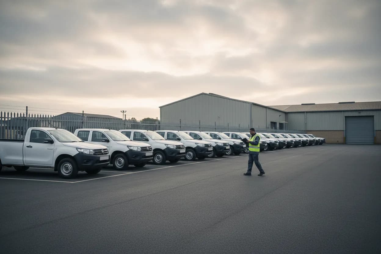 A fleet yard of vehicles awaiting service.