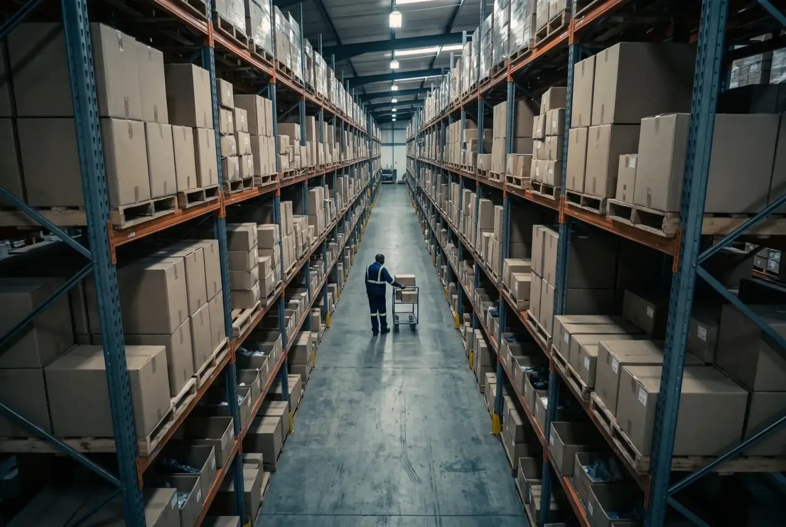 A long aisle of steel pallet racking stacked with boxed parts, a picker working mid-aisle.